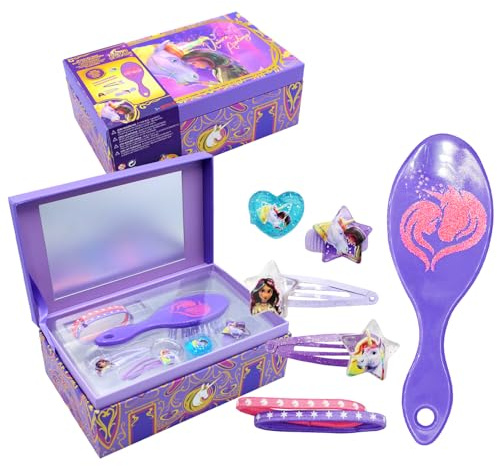 Joy Toy - Boîte à Bijoux avec Accessoires - Unicorn Academy - 2 Pinces à Cheveux, 1 Anneau, 1 Porte-Tresses, 1 Bracelet, 1 Brosse à Cheveux