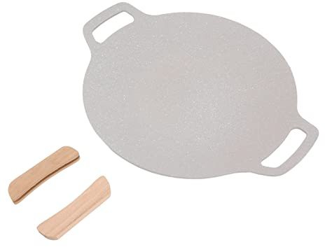 Haofy Poêle à Griller Coréenne Antiadhésive en Aluminium avec Poignée à 2 Côtés pour un Chauffage Uniforme avec Poignées en Hêtre pour Cuisinière à Gaz, Cuisinière à Induction, Camping en Plein Air,