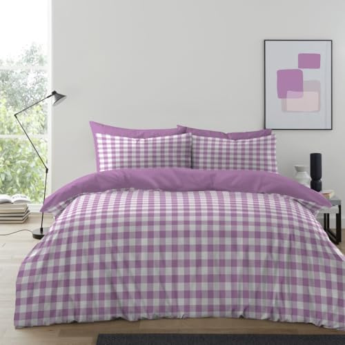 Lions Lilac Gingham Bedding - 100% Polyester - Single Bed Size Checked Duvet Cover Set with Matching Pillowcase, Soft Microfibre Reversible Printed Quilt Covers, 137x200cm