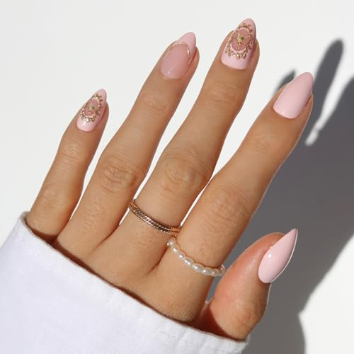 Glamnetic Press On Nails - Lover’s Crest Spring Nails | Short Almond Fake Nails in a Soft Blush Pink Hue, Vintage Angel Cherub Graphics, French Tips and 3D | 15 Sizes - 30 Nail Kit with Glue