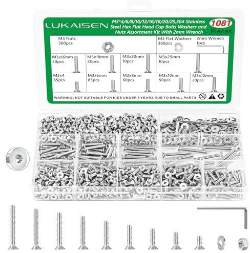 Lukaisen M3 Screws Set, 1081PCS Stainless Steel Countersunk Bolts Nuts Kit | with Washers & Wrench,for 3D Printing, PC Repair & DIY, M3 x 4/6/8/10/12/16/18/20/25mm,Clear Label Storage Box