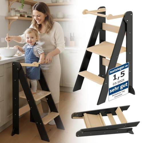 Bellabino Tay Lernturm ab 1 Jahr – Learning Tower 2-Fach höhenverstellbar & klappbar – Lernstuhl in Grau/Natur für Kinder – Montessori Stehturm aus Birkenholz – sicherer Tritthocker mit Kippschutz