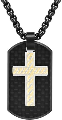 Rostfritt Stål Kolfiber Kors Halsband Män Kvinnor - Kolfiber Hundtag Bicolor Svart/Silver Svart/Guld, Hypoallergen Kristna Sieraden(Gold)