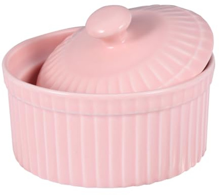 HOMOCONO Ciotola da Forno con Coperchio Rosa in Ceramica Resistente al Calore Scodella Chic Facile da Pulire per Budino e Zuppa per Cucina e Casa