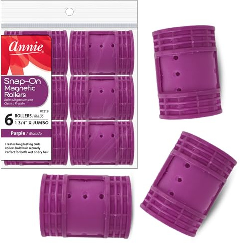 Annie Snap-On Magnetic Hair Rollers – Extra Jumbo 1 3/4 Inch with Locking Snap-Over Hood – Secure Hold No Pins Needed – Purple, 6 Count