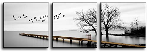 PIY PAINTING Set di 3 Stampa su tela, gli uccelli volano liberamente al bordo del lago, quadro fotografico su tela pronto da appendere, per decorazione artistica da parete in bagno 30x30cm