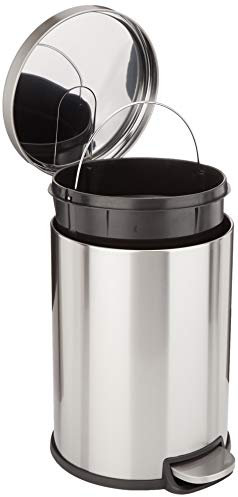 Amazon Basics Round Cylindrical Dustbin With Steel Bar Pedal, Soft-Closing Mechanism For Home and Office Use, 20 litre/5.3 gallon, Brushed Stainless Steel