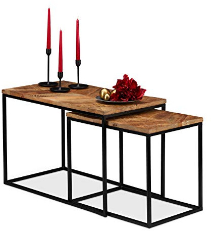 Relaxdays 10027622 RelaxdaysTable Basse Jeu de 2, en Bois de manguier, Plate, Rectangle, Structure métallique 50x77 x 43,5 cm, Naturel/Noir, Fer, Nature, 50 x 77 x 43 | rectangle, structure métallique 50x77 x 43,5 cm