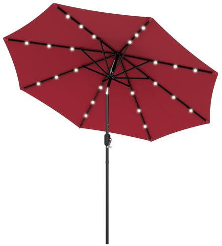 Outsunny Gartenschirm Gerader Sonnenschirm Leuchtender Sonnenschirm achteckig neigbar Ø 2,7 m Sonnenschirm LED Solar Metall Polyester Hohe Dichte 180 g/m² Bordeauxrot