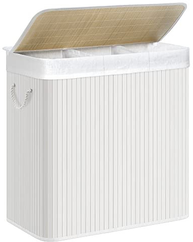 SONGMICS Laundry Hamper Basket with 3 Sections, Clip-on Lid and Handles, 150L Foldable, for Laundry Room, Bedroom, Bathroom, White LCB091W01