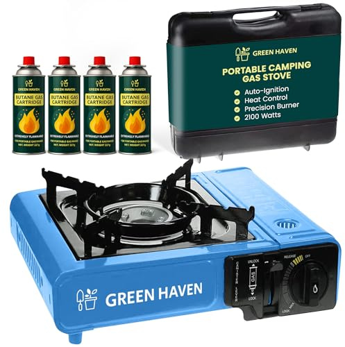 Green Haven Camping Stove Gas Portable | Carry Case, 4 Canisters & Piezo | EN417 COMPLIANT: 2100W · adjustable heat · hiking hob · butane · tabletop cooker · backpacking · windproof
