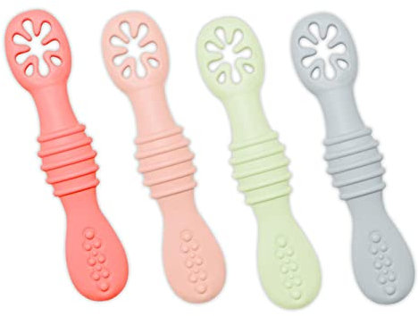 Jzhen 4 Pcs Cucharas o Precucharas de Bebe para Aprendizaje, Precucharas Bebe Silicona para Purés con Ventosa, Cuchara de Silicona para Bebés a Partir de 4 Meses