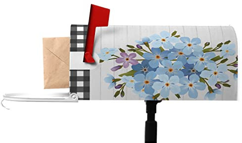 Numland Briefkasten-Abdeckungen, magnetisch, Vergissmeinnicht, Blumen, Briefkasten-Abdeckung, UV-beständig und wiederverwendbar, mit Standardgröße, schönes Blumenmuster auf weißem Streifen, kariert