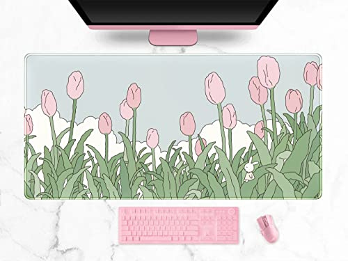 Skrivbordsmatta akvarelltulpan, blomma, musmatta, utökad gaming-matta XXL, kawaii, anime, rosa och grön, stor, heltäckande, för trådlös mus och tangentbord, med sydda kanter, 80 x 40 cm