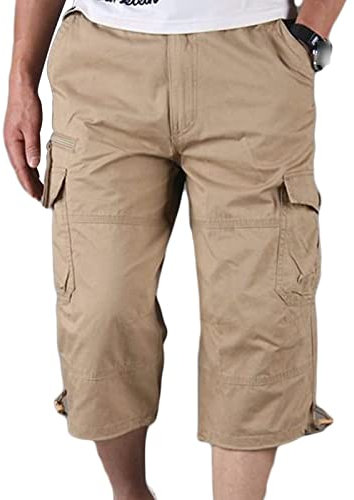 Herren Capri Lange Cargo Shorts Lässige 3/4 Shorts aus Elastischem Twill Unter dem Knie Leichte Entspannt Geschnittene Kurze Hose mit Mehreren Taschen (Khaki,M)