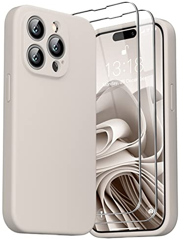 GOODVISH 3 in 1 Hülle Kompatibel mit iPhone 14 Pro (6,1) - mit 2 Stück Schutzfolie | Liquid Silikon Handyhülle | Kameraschutz und Bildschirmschutz | Rundumschutz stoßfeste Case | StoneGrey