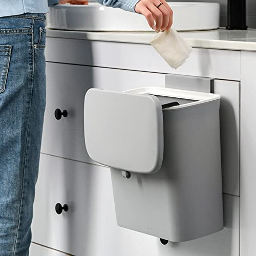kangten Hängender Küchenmülleimer für Wand und Schranktür, 9L Hängender Plastik Abfalleimer mit Deckel Wandmontage Mülleimer Küchenabfalleimer für Küche Bad Wohnzimmer (9L Grau)