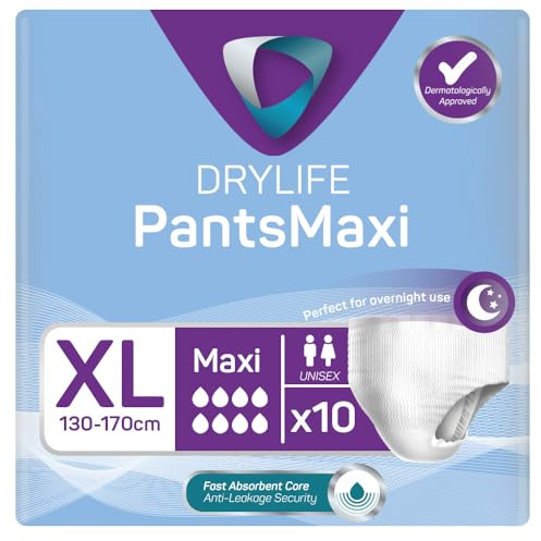 Drylife Pants Disposable Pull-Up Unisex Incontinence Pants | 3000ml Absorbency, Overnight Protection, Dry Feel Technology Anti-Leak Security, Breathable Material (XL (Pack of 10), Maxi)