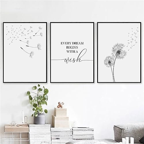 Herfair 3er Poster Set Löwenzahn Bilder Set Modern Schwarz Weiß Leinwandbilder Wandbilder, Pusteblume Leinwand Stilvolle Wandbilder, ohne Bilderrahmen (50 * 70cm)
