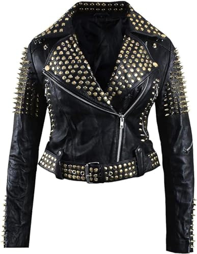NM-Fashions Studded Biker Jacket with Spikes for Women - Rock Punk Black Leather Motorcycle Jacket (Black, Golden Spikes, Large)