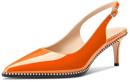 HDEUOLM Womens Mid Kitten Heel Pointed Toe Beaded Sandals Pumps Court Shoe Slingback Wedding Cute Patent Leather Summer 6 CM Heels