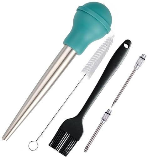 Nstezrne Turkey Baster Set of 5, Turkey Baster Syringe for Cooking, Meat Injector Baster &2 Needles&2 Cleaning Basting Brush, 18/8 Stainless Steel Baster for Flavor Meat Poultry, Beef&Chicken Teal