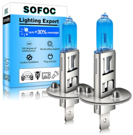 SOFOC H1 Lampe P14.5S 12V 100W Kaltweiß 6000K Scheinwerfer 1500Lm +30% Helligkeit Tagfahrlicht Zusatzscheinwerfer Halogen 2Pcs