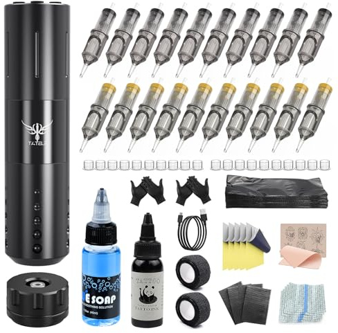 TATELF Wireless Battery Maschine Set Drahtlo Pen mit 1800mAh Power Supply 20 Stück Nadel 100 Stiftabdeckungen Komplettes Zubehör für Anfänger und Künstler