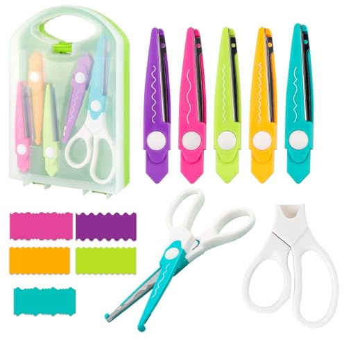 Lot de 6 paires de ciseaux décoratifs avec boîte de rangement, 5 types de ciseaux à bords zigzag, parfaits pour les projets de bricolage, cartes en papier, photos, scrapbooking, bureau, école, manuel