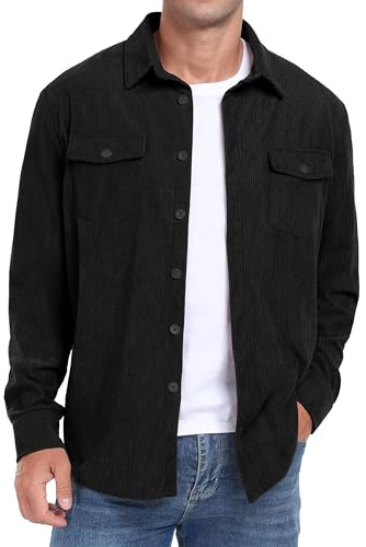 QIXING Men's Corduroy Button Down Shirts Long Sleeve Shacket Trucker Jacket Autumn Winter Coats with Flap Pockets (Black, 2XL)