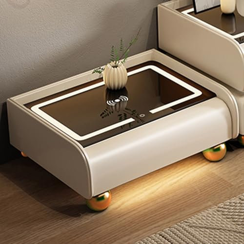 Bedroom End Table with Wireless Charging Station, Smart Solid Wood Bedside Table with 3 Color Light, End Table with Drawer and Sound No Installation Required(Beige,48 * 40 * 24cm)