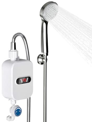 ACROSSPART 3.5KW Elektrisch Warmwasser Durchlauferhitzer Durchlauferhitzer Dusche mit Handbrause und Differenzialschutzwarm Wasserspeicher mit Temperaturanzeige für Küche Bad
