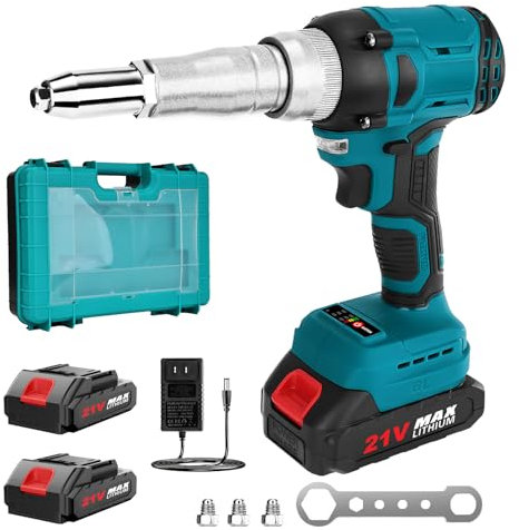 Yofuly Battery Riveter Gun Compatible with Makita 21V Battery, Electric Brushless Riveter with 2 Batteries, 20,000N Automatic Rivet Nut incl. 3 Adapters