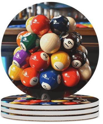 Farbige Billard-Untersetzer, Keramik-Untersetzer für Getränke, saugfähige Tassenmatte mit Korkboden für Tischschutz, Couchtischdekoration, Heimdekoration, 4 Stück