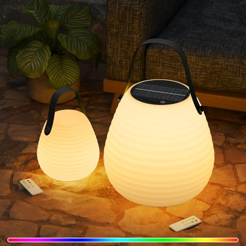 uuffoo 2-Pack Solar Table Lamp Outdoor Water-Resistant Portable Lantern with Remote and 8 Colors, Dimmable Cordless Lamp for Outside Garden Patio Camping Terrace