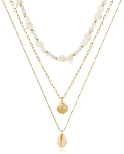 TOVABA Collier Coquillage Femme, Collier Élégant avec Coquillages et Perles, Design Moderne pour Femme, Idéal pour l'Été, collier été femme.