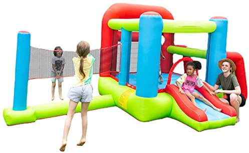 ApuaVireo&Co Bouncy Castle, 4-in-1 Inflatable Bouncy Castle with Slide Basketball Hoop Volleyball Net Jumping Space