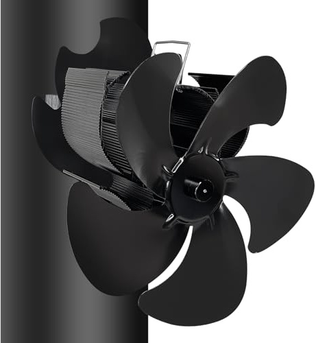 Magnetisch Ofenventilator Ohne Strom, Kaminventilator Groß 5-Blätter Geräuscharm, Kamin Ventilator mit Thermometer Und Ersatzring Große Räume Für Holz/Brennholz/Feuerstelle/Ofenrohr/Rohr Schwarz