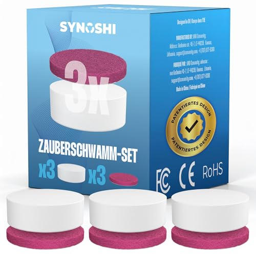 Synoshi Pro Magiska Svampset för Elektrisk Rengöringsborste – 3 Vita Magic Erasers och 3 Rosa Skrubbsvampar, För Rengöring av Fläckar, Smuts och Fett utan Kemikalier