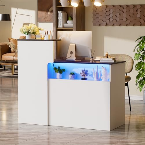 Mostrador de Recepción con iluminación LED Escritorio de Recepción Moderno Mostrador Basic con cajón para Teclado Mueble de recepción con Cajón y Armario Mostrador de Venta Blanco y Negro 50*120*100CM