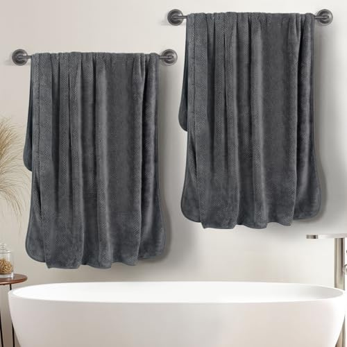 KinHwa Uppsättning av 2 badhandduk stor 100 x 200 XXL, mikrofiber snabbtorkande superabsorberande mjuk och fluffig duschhandduk med hängöglor, mörkgrå strandhandduk
