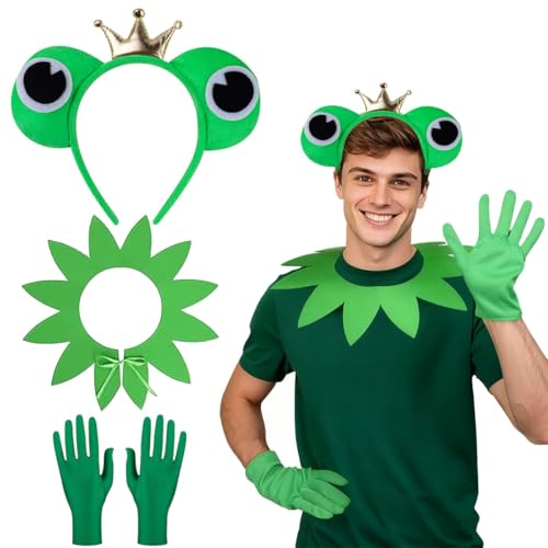 EduPlayte Kit de disfraz de rana de 3 piezas para niños, disfraz de rana verde novedoso con sombrero, guantes, cuello, accesorios de disfraz de animales para Halloween, carnaval, cosplay, suministros