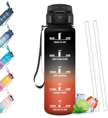 Mulbijeo Borraccia 1 Litro, Libre de BPA & Reutilizables, Borracce con Cannuccia, A Prova di Perdita, Borracce Palestra, Portatile, Borraccia Motivazionale per Scuola, Palestra, Ufficio, Festa