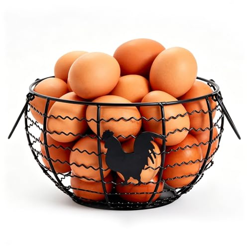 Egg Holder Storage Basket, Rustic Metal Wire Egg Storage Basket for Countertop Kitchen, Black Iron Farmhouse Style Chicken Egg Holder, Rustic Rooster Kitchen Decor Gift