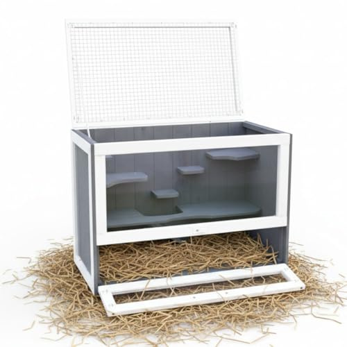 Melko Hamsterkäfig Nagerkäfig 5-stöckig 60x35x42 cm Holz mit Plexiglas Grau | aufklappbarer Deckel, klappbare Rampe verbindet die Ebenen, aus Fichtenholz, freie Sicht durch Scheiben, für Mäuse geeignet