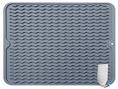 Abtropfmatte Silikon, 40 x 30 cm, Abtropfmatte Geschirr, Geschirrtrockenmatte, Abtropfunterlage, Abtropfmatte Gummi, Rutschfest, Spülmatte mit Haken, (Grau l)