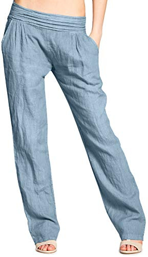 Caspar KHS020 Damen Casual Leinen Hose, Farbe:Jeans blau, Größe:M - DE38 UK10 IT42 ES40 US8