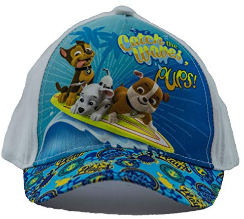 PAW PATROL Hunde Chase, Marshall und Rubble Catch The Waves Pups Kappe, Baseball Cap, Schirmmütze für Kinder, Mädchen und Jungen, aus 100% Baumwolle, mit Klettverschluss (Weiß, 52)