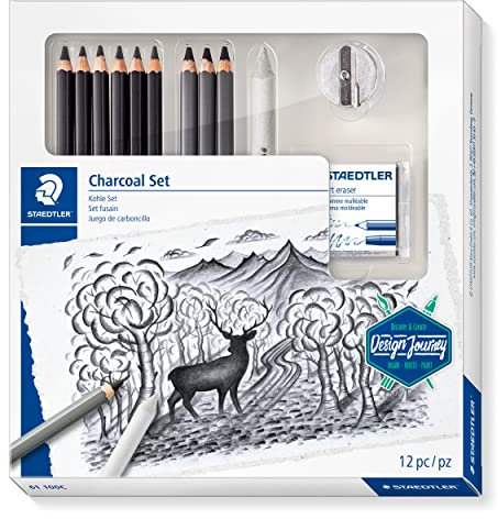 STAEDTLER Kohle Set, Komplett-Set mit 3 Kohlestiften, 5 Premium Künstlerbleistiften, 1 Papierwischer, 1 knetbarer Künstler-Radierer, 1 Spitzer und Step-by-Step Anleitungen, 61 100C