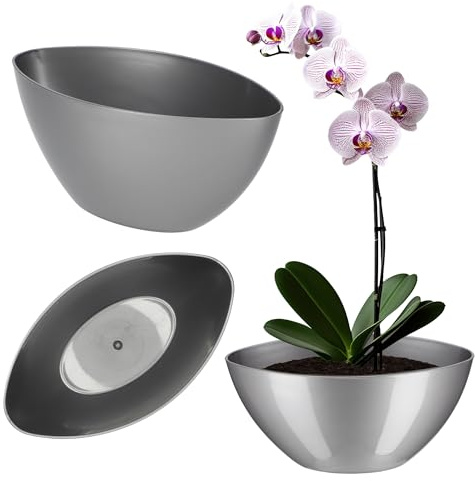 KADAX Blumentopf, ovaler Übertopf, Pflanztopf aus Kunststoff, Blumenübertopf, Deko, Pflanzkübel für Innen, Blumen, Pflanzen, Balkon, Blumenkübel, Pflanzgefäß, Moderne Form (38 x 14 cm, Silber)